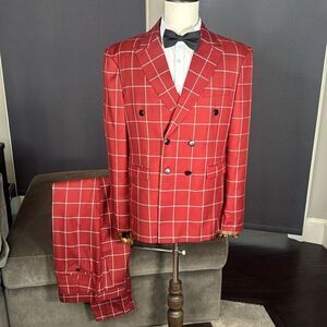Men’s Check Plaid 3 Piece Suit Double Breasted Peak Lapel 42 Jacket 38 Pants NEW